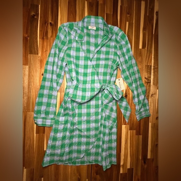 Untuck It for Her Seersucker Mila Button Down Shirt Dress Blue Green Gingham Med - Picture 3 of 12